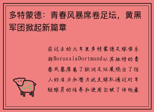 多特蒙德：青春风暴席卷足坛，黄黑军团掀起新篇章